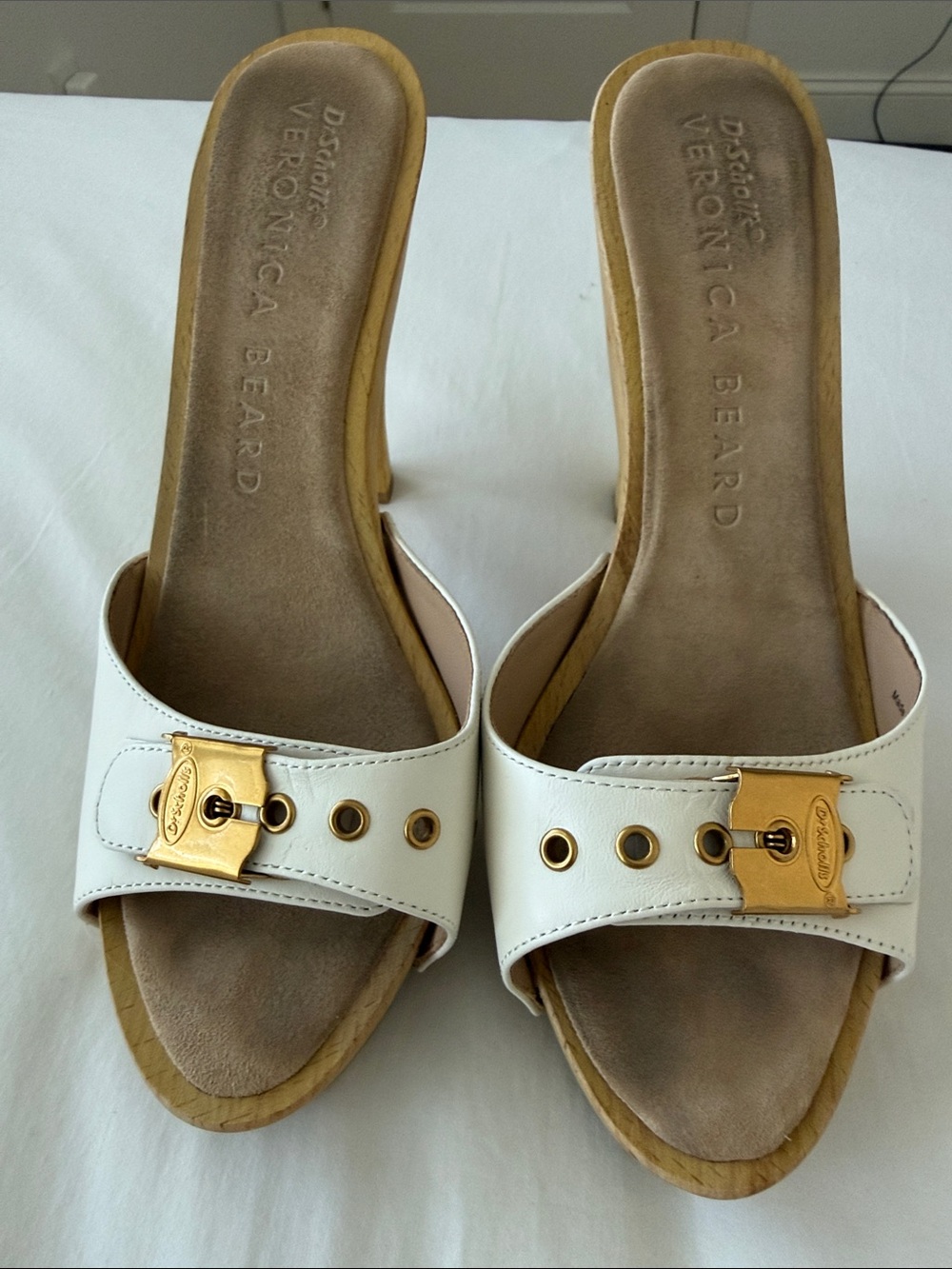 Veronica Beard Women's White Leather Slide Heels with Gold Accent
